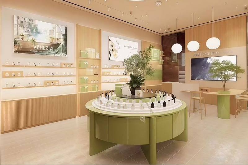 Minimalist Pastel Green Circular Perfume Display Cabinet With Wall Mount Storage Cabinets and Multi-Layer Classified Display