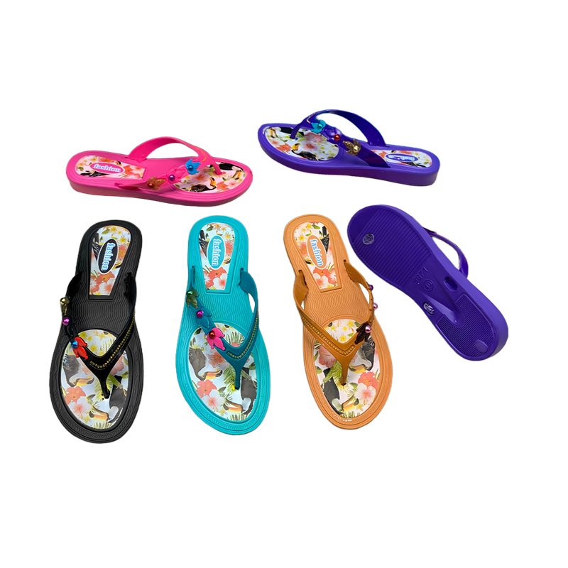 EVA Women Tropical Pattern Bead Decor Flip Flops Anti-slip Summer Beach Sandals