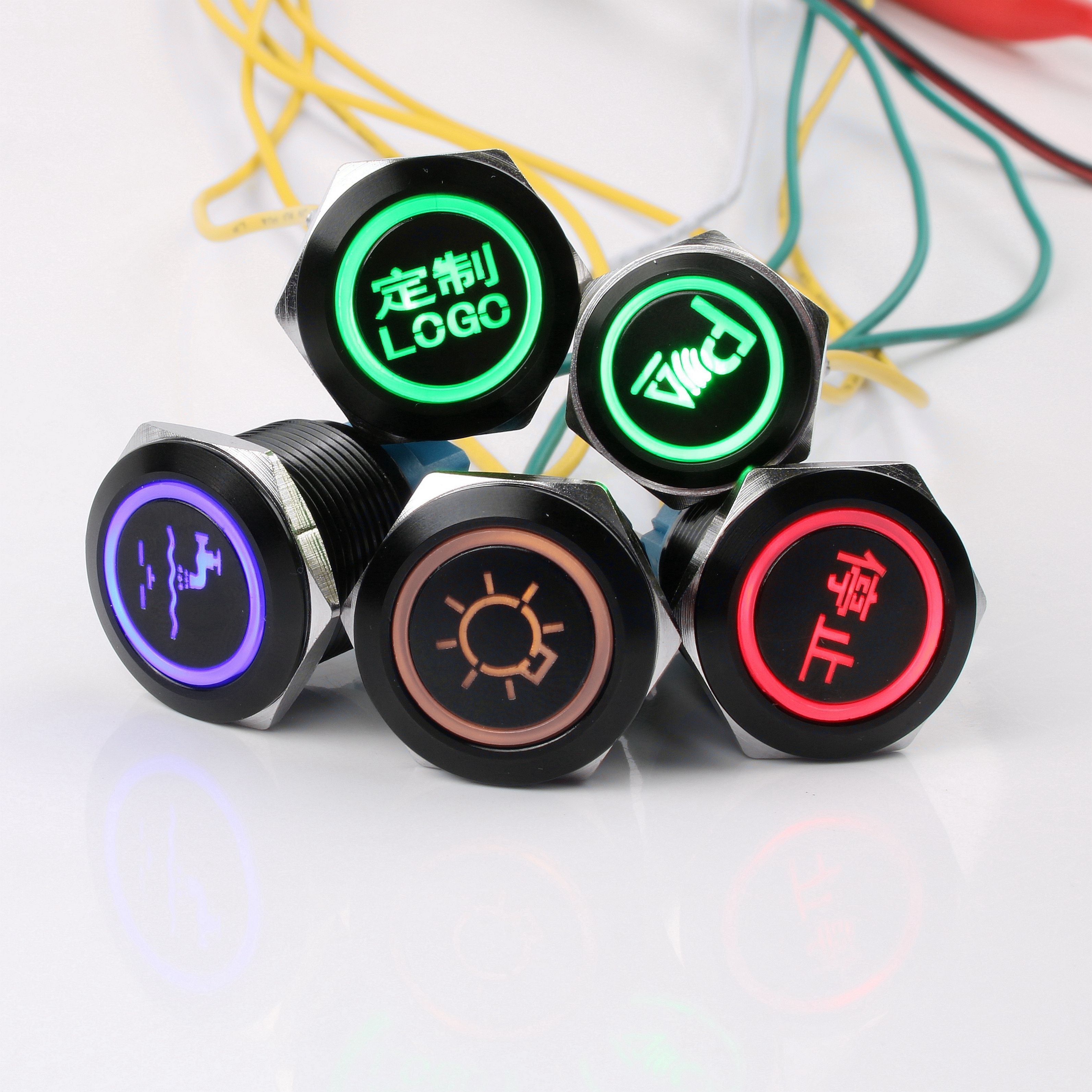 19mm Metal Push Button Switch Customizable LED Logo-IP65 Rated 220V Latching/Momentary (Black/Silver Shell) 1NO1NC Connector