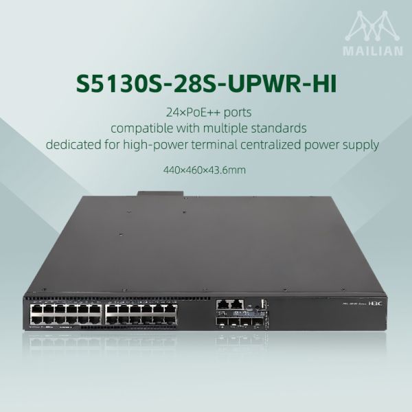 H3C S5130S-HI Series Gigabit Managed Ethernet Switch with 10G SFP+ Optical Ports, Dual Hot-Pluggable Power Supplies, and PoE++ Support