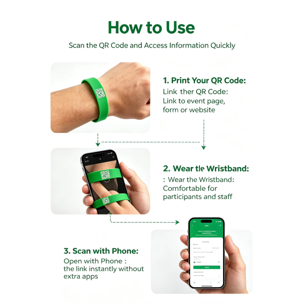 Custom Printed QR Code Silicone Wrist Band Waterproof Silicone Bracelet For Marathon Exhibition Event Staff Check In 
