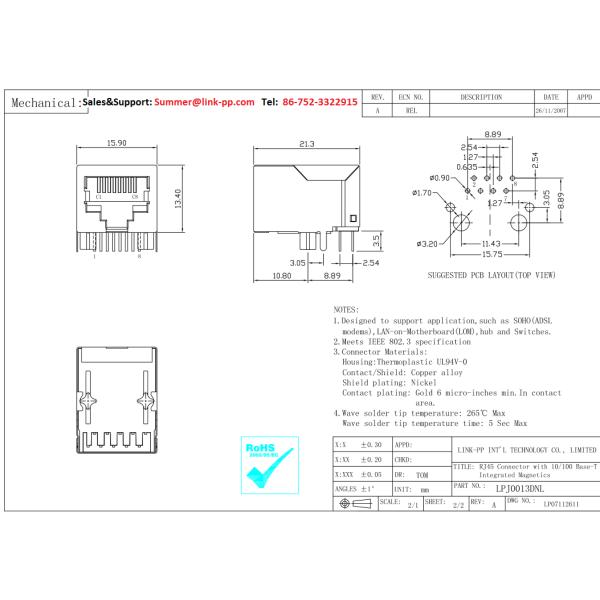 RB1-106BAG1A  TV Box Magnetic Jack RJ45 LPJ0013DNL Shielded No LED Tap Down