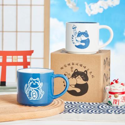 Prêt à expédier en stock tasse en céramique personnalisée tasse de chat bleu et blanc