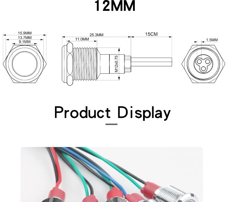 12MM Metal LED Warning indicator light Signal Lamp Pilot Wires switch 6/12/24/220V Red Green Blue White Yellow