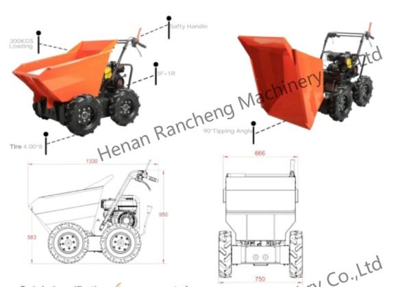 6.5HP Gas Powered Mini Dumper Truck for 300kg Load with 4WD