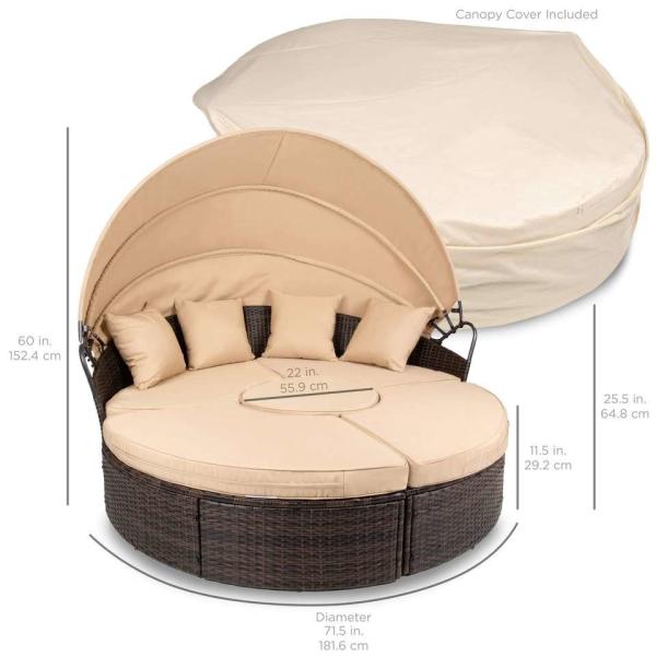 Modern Hotel Outdoor Furniture Patio Rattan Round Flip Top Daybed With Canopy Cushion For Backyard Porch