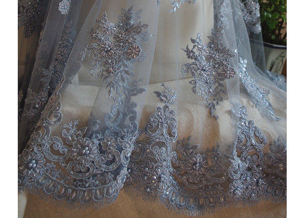 Blue Flower Embroidery Pearl Corded Lace Fabric With Eyelash Edge For Gown