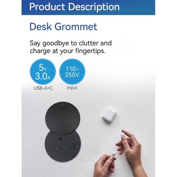 ABS Plastic USB C Desk Power Grommet Socket 82mm Dia 240V