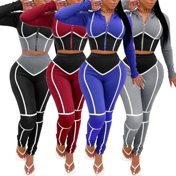 Cor de contraste de primavera Casual Jogging Traje desportivo para mulheres 2 peças conjunto roupas femininas