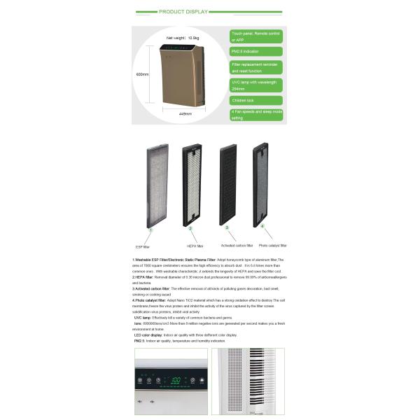 очиститель воздуха озона очистителя PM2.5 воздуха 280m3/h Hepa личный УЛЬТРАФИОЛЕТОВЫЙ умный