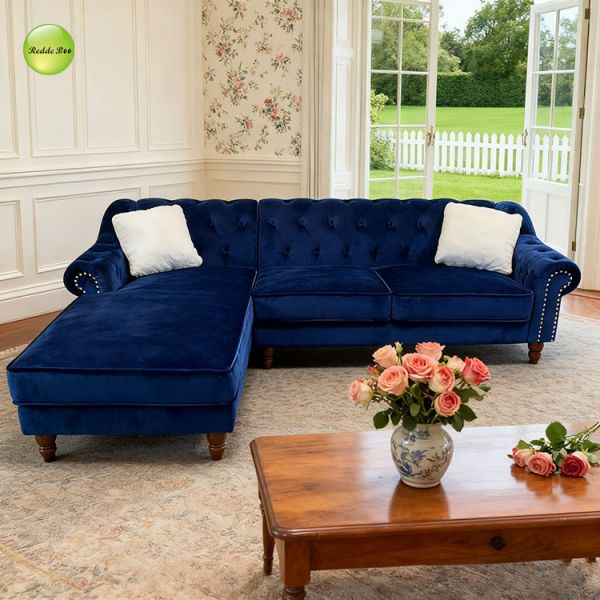 Navy Chesterfield L Shaped Sectional Sofa Couch 35D Sponge Water Repellent