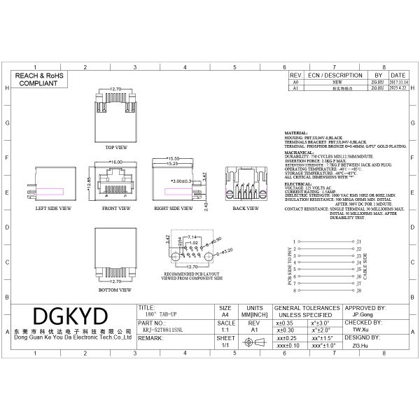 180 Degree Top Entry Ultrathin Rj45 Connector Ethernet Cable Socket KRJ-52T8811SNL