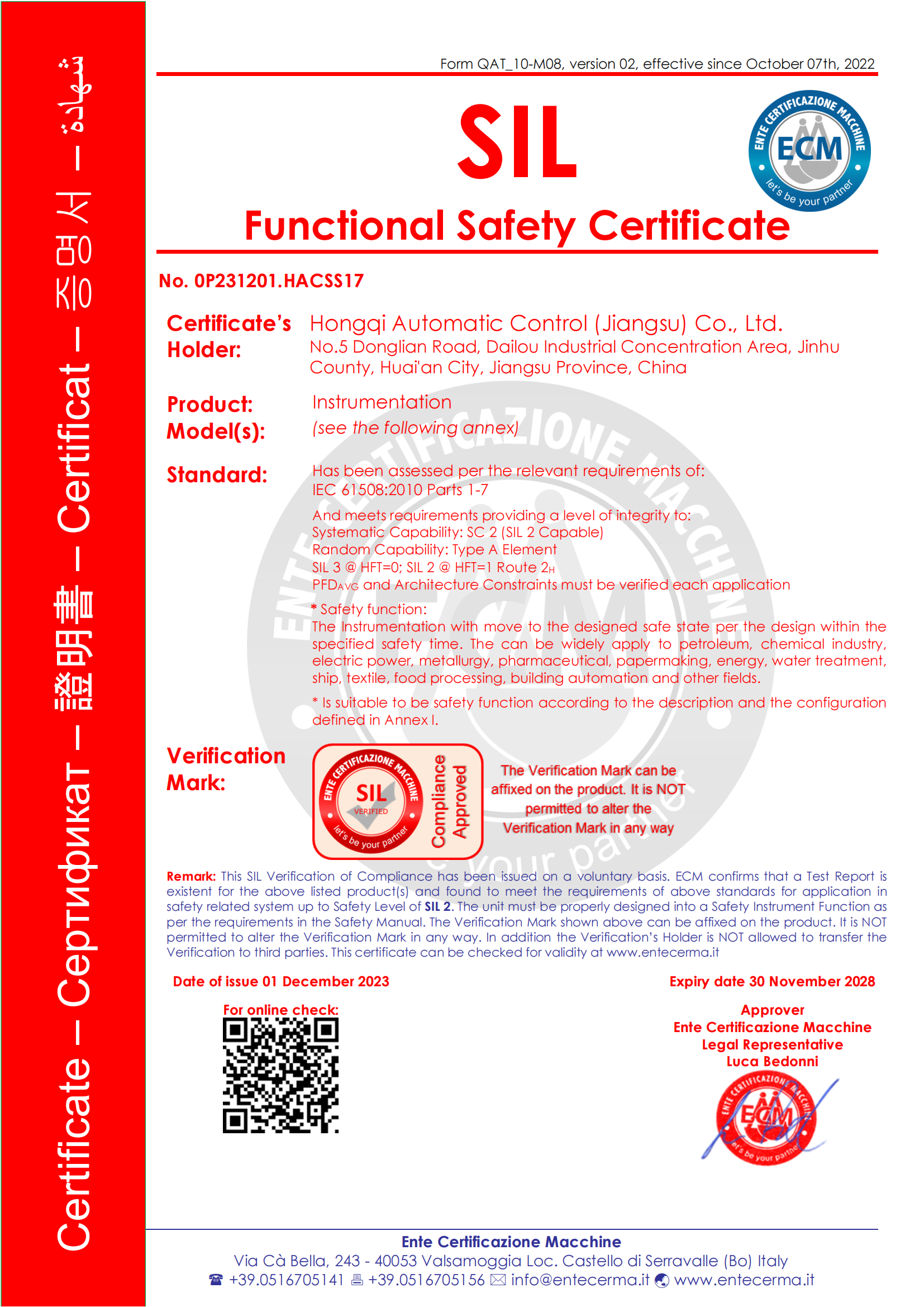 Hongqi Automatic Control (Jiangsu) Co., Ltd. Certifications