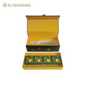 Custom Double Layer Flip Mooncake Gift Box With Metal Handle Lock, Green Hot Stamping Gold Laser Cut Sleeve Wine Packaging Box For Mid Autumn Festival