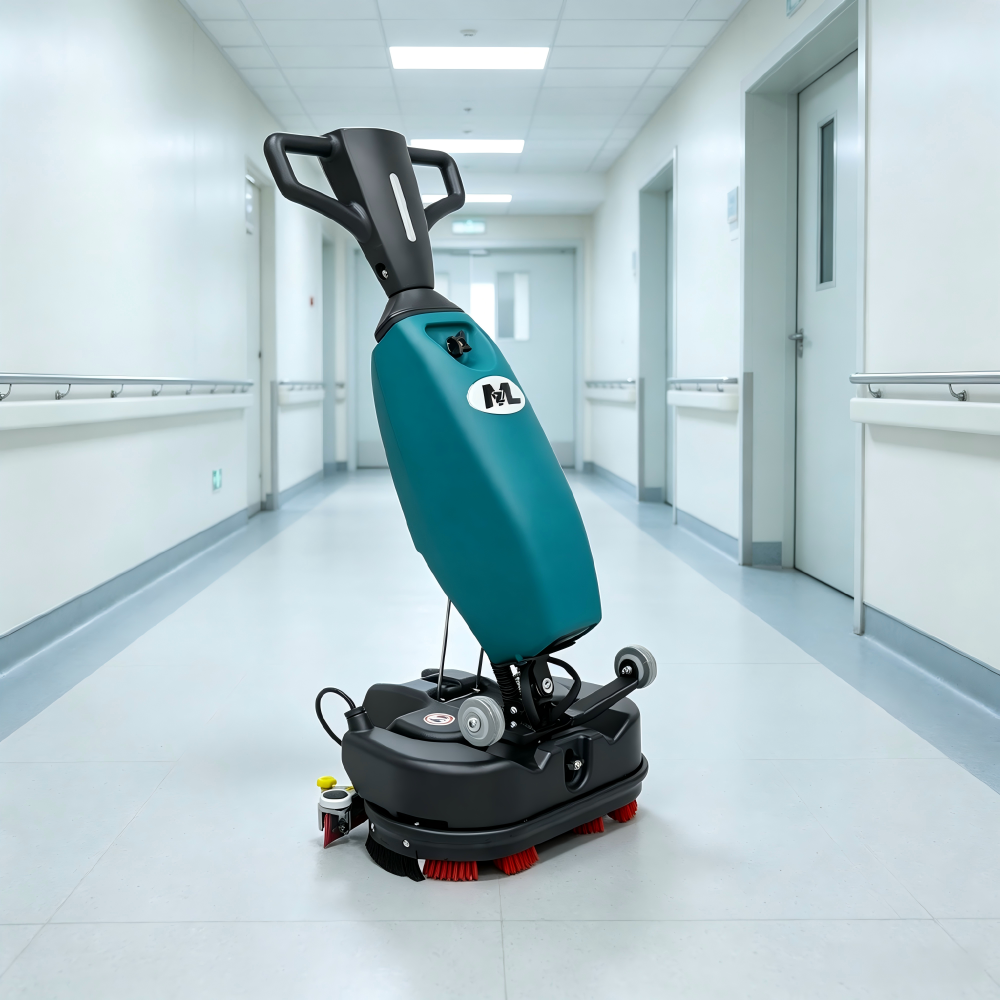 Heavy‑Duty Compact Walk‑Behind Floor Scrubber Machine, 6L Recovery Tank for Production Facilities and Farm Workyard Cleaning