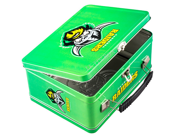 Sports 3D Embossed Rectangular Lunch Tin Box Metal Wire Hinge OEM Accepted