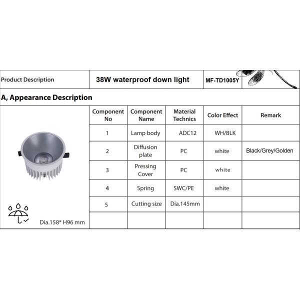 48W IP65 LED Down Light 3 Years Warranty 100lm/W 15°/24°/38°/60° White/Black Optional Recessed For Warehouse