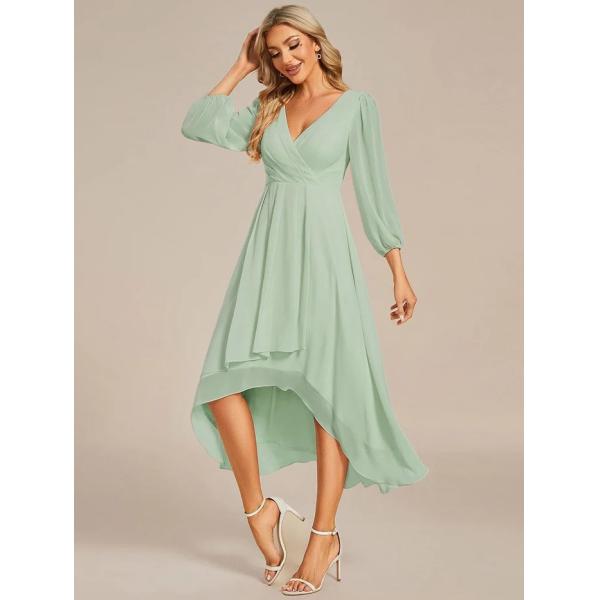 Elegant Empire Long Sleeve V-neck High Low A-line Ruffled Midi Burnt Orange Chiffon Wedding Guest Cocktail Dress