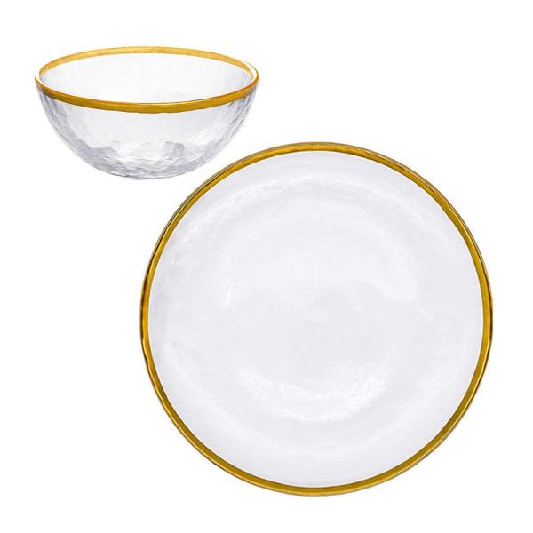 Custom Hand Blown13 Inch Glass Charger Plate with Bowl set with Gold Rim Heavy Duty Durable for Dinner