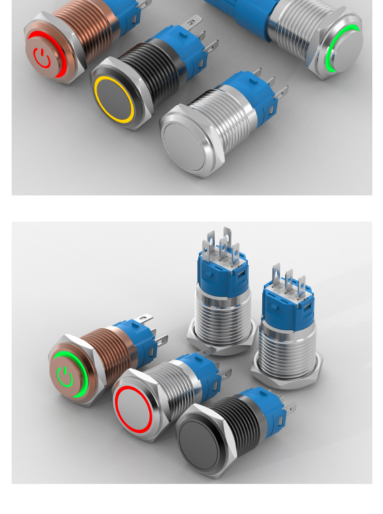 16mm metal button switch, self-reset and self-locking, black with ring light, normally open and normally closed, power button 220V