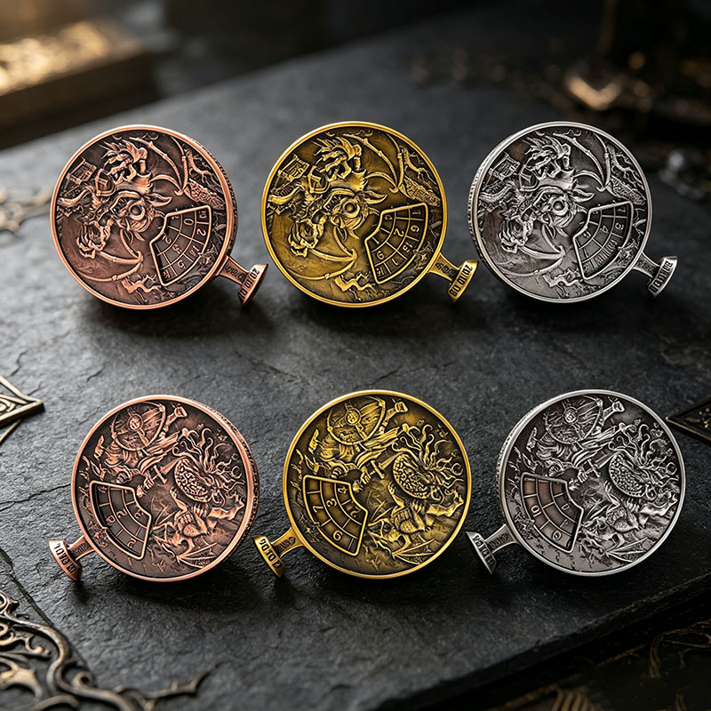 Premium Antique Copper Metal Dice Spinner with 7-in-1 Dual Sided Design and Press-to-Spin Mechanism for TRPG Gaming