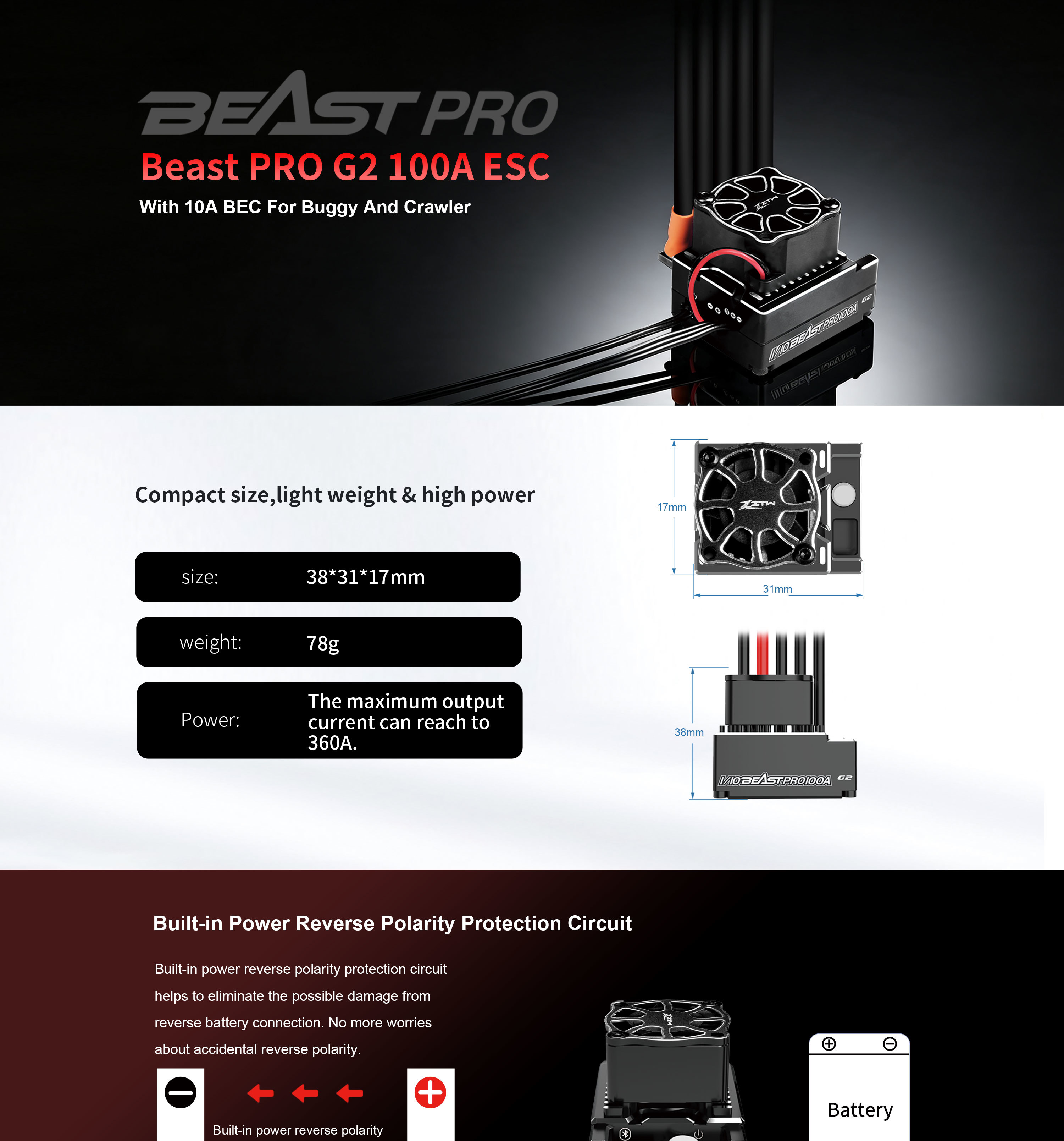 2-3S ZTW Beast PRO G2 100A ESC With 10A BEC For Buggy And Crawler