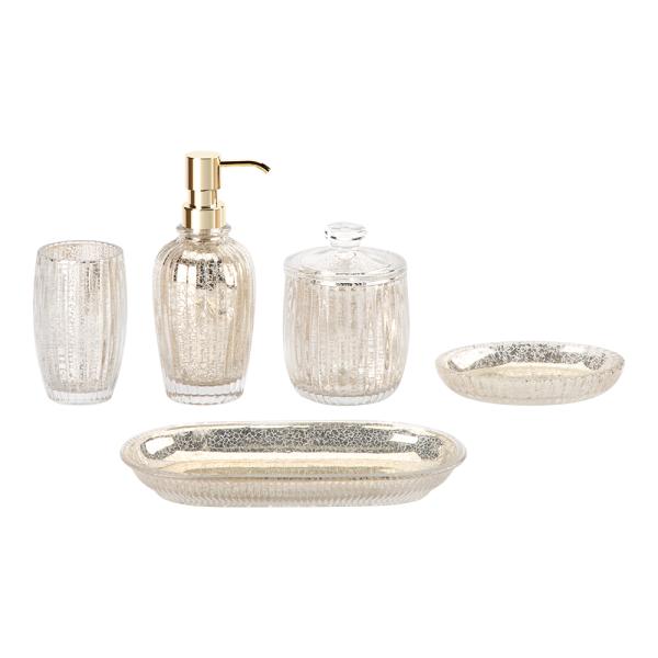 Accessoires de salle de bain en verre or mercure ensemble de forme ronde avec bande verticale côtelée distributeur de savon en verre porte-dentelle en verre porte-savon