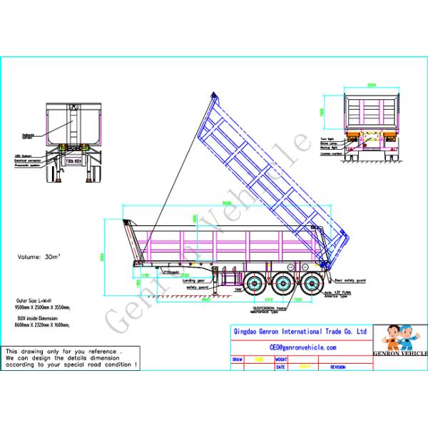 3 цапфы 30-50 тонн типа трейлера u сброса зада с гидравлическим поднимаясь цилиндром