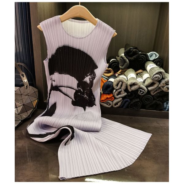 High-End Pleated Floral Dress Loose Slim Ladylike Elegant Sleeveless Round Neck Versatile Floor-Length Long Skirt
