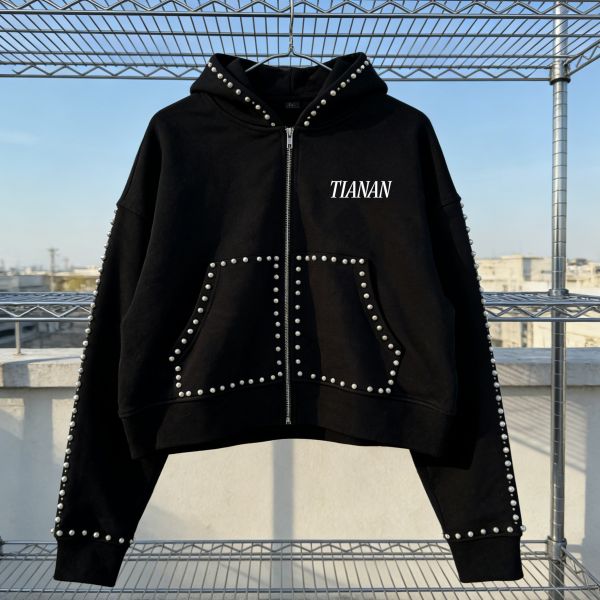 Wholesale Pearl Diamond Fashion Men Clothing Sweatsuit Heavyweight Zip up Streetwear Tracksuit Custom Hoodie and Pants Sets