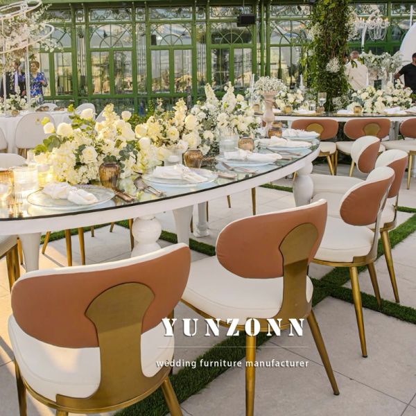 Wedding Event Luxury New Modern Design Party Rental Brown Leather Cushion Stainless Steel Gold Chairs for Event