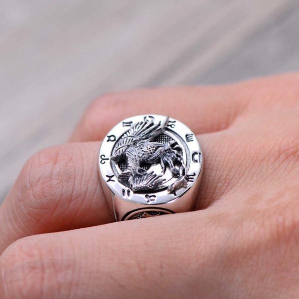 925 Sterling Silver Engraved Rosefinch Taiji Design Vintage Men Ring (057626)