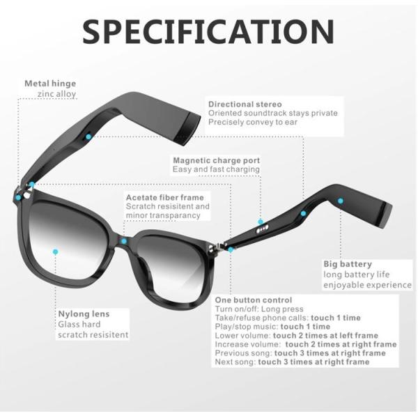 USB Anti Radiation Fashion 20Hz Smart Audio Sunglasses Touch Control