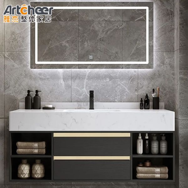 Modern Design Rectangle LED Mirror Light Bathroom Vanity Combo with Sink