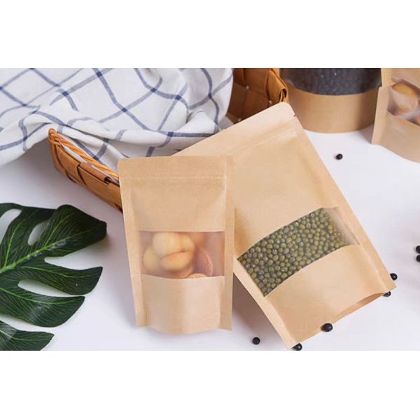 Stand Up Brown Kraft Resealable Paper Pouches For Food Packaging