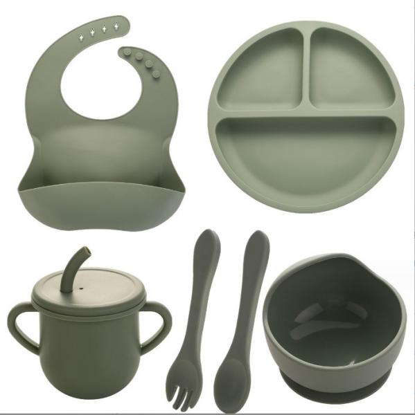 None Design Style Silicone Feeding Set Full Dinner Plate Bowl Cup Spoon Fork Spork for Infants
