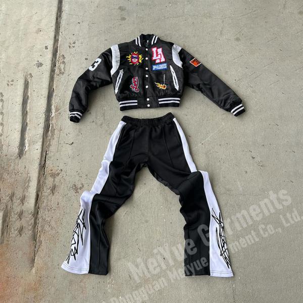 Chenille Embroidery Nylon Bomber Jacket Tracksuit Flared Sweatpants And Jacket Set
