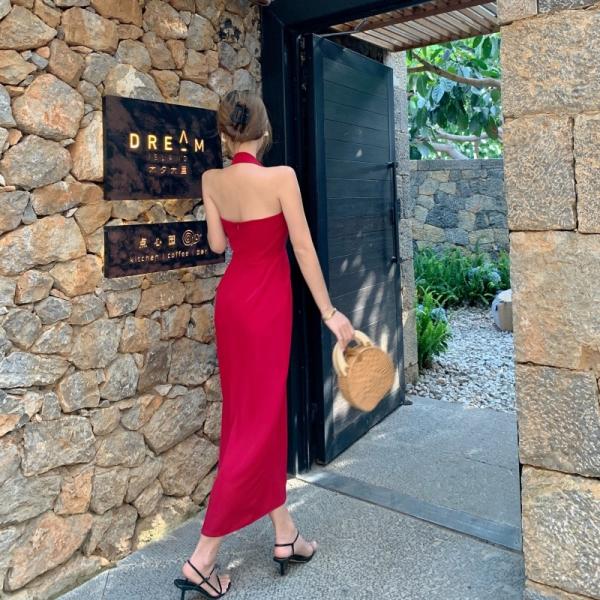Backless Halter Neck Split Womens Vacation Dresses