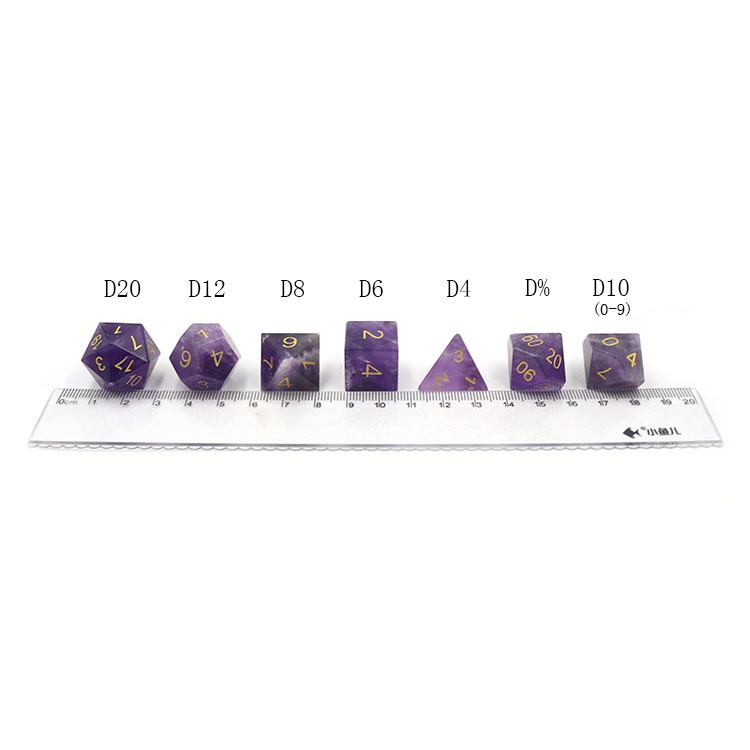 Natural Amethyst Gemstone Polyhedral Dice Set - Hand Carved DND Dice with Golden Ink Engraved Numbers