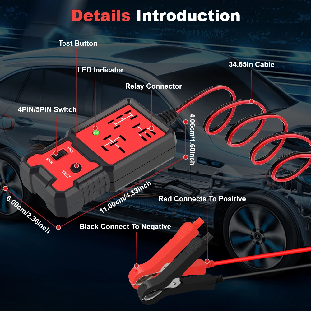12V DC Automotive Relay Tester with 4-Pin/5-Pin Automatic Detection and LED Indicator for Car Circuit Diagnosis