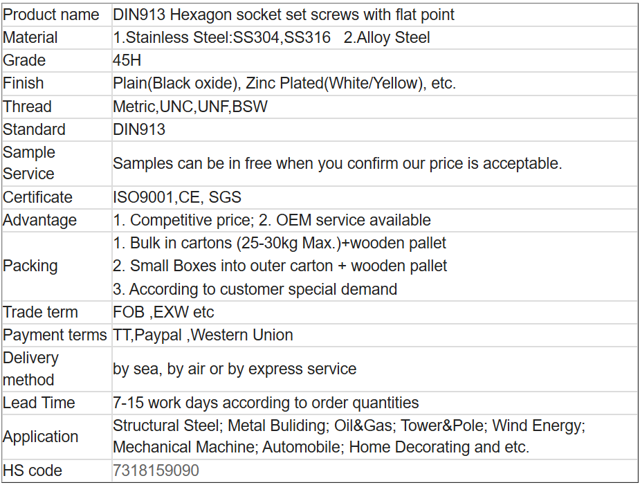 DIN913 Hexagon socket set screws with flat point