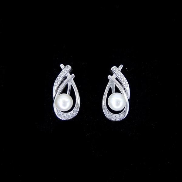 Fashion Pearl And Cubic Zirconia Earrings / 925 Sterling Silver Jewelry