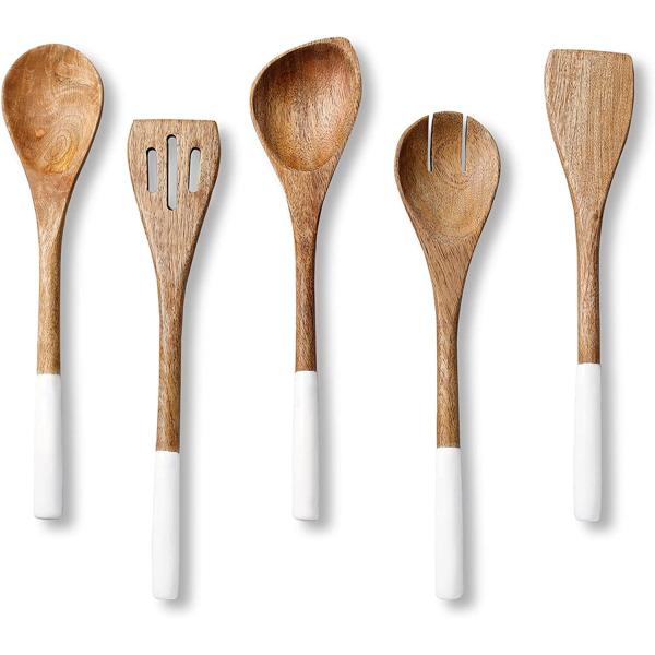 5-Piece Acacia Wood Kitchen Cooking Set Spoon Spatula Fork Slotted Turner Corner Spoon