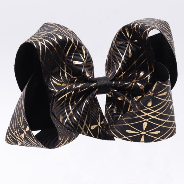 Customized Hair Bow Ribbon Black Glitter Color Printed Technics For Girls