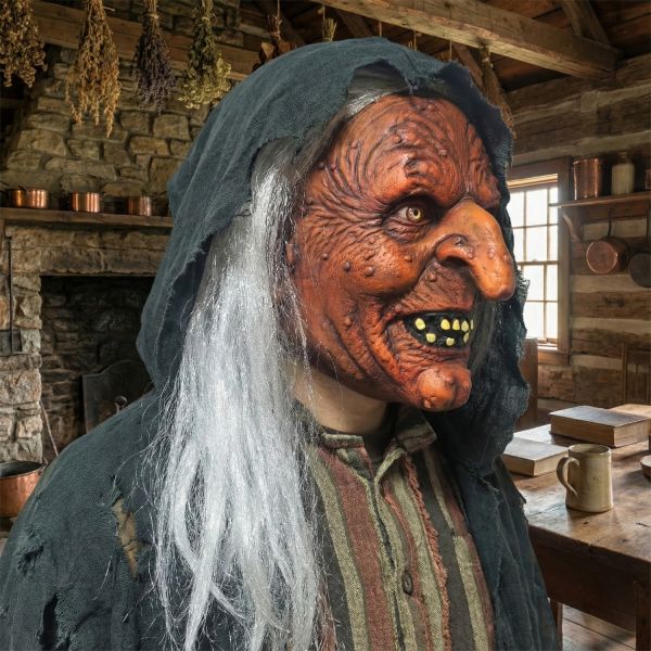 Terrifying Witch Mask - Long Grey Hair & Wrinkled Skin for Halloween Cosplay