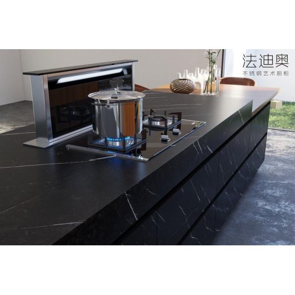 Elegant Double Line Stainless Steel Kitchen Cabinets With Black Sintered Stone Island