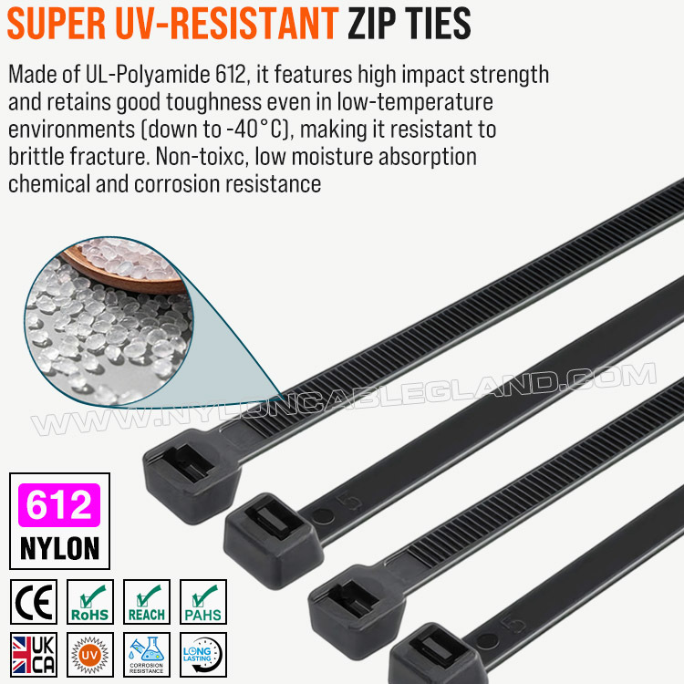 OEM producer of nylon 612 (polyamide 612 / PA 612) cable ties & cable management products in China Black Nylon 612 (Polyamide 612, PA612) Cable Tie, Heavy Duty, UV & Weather Resistance, 350mm x 7.6, For Outdoor Solar Facilities