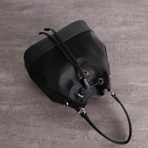 Head Layer Leather Womens Leather Bag 22cm Black Drawstring Bucket Bag
