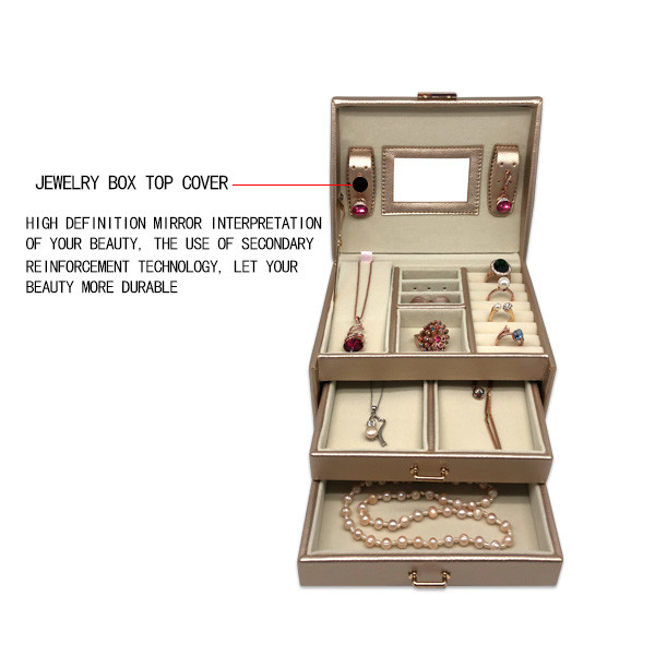 2 Layers Rectangle Mirror Leather Jewelry Box For gift