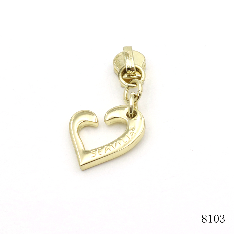 25mm Custom Light Gold Hollow Heart Metal Zipper Pull Charm with Matching Zipper Slider, Decorative Zipper Hardware for Handbags & Cosmetic Pouches